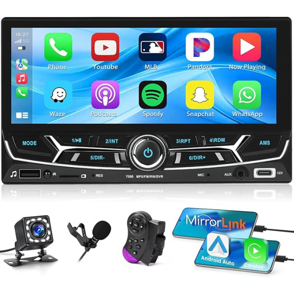 Hikity Double DIN Carplay Auto Bluetooth radio ar Bluetooth ar pogu/Android, 6,86 collu radio 2 DIN ar Bluetooth brīvroku komplektu FM AUX TF TF USB Type-C EQ SWC Mirror Link MIC atpakaļgaitas kamera