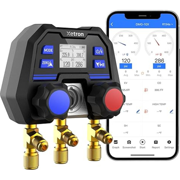 Xetron AC digitālais kolektora manometrs, HVAC sadales mērītājs ar OTA atjauninājumu R134a R12 R410a R404a utt., Mehāniskā dubultā spiediena mērītāja vārsta terminātors, 2023 jaunā produkta versija