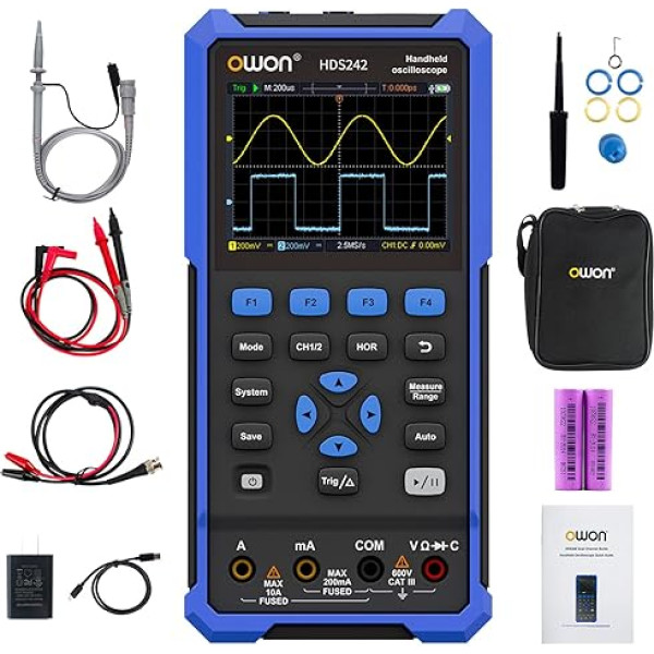 OWON HDS242 2-in-1 rokas osciloskops, 40 MHz joslas platums USB C tipa ar 3,5 collu LCD displeju, 20 000 skaitītāju digitālais multimetrs, 2 kanālu digitālais osciloskops