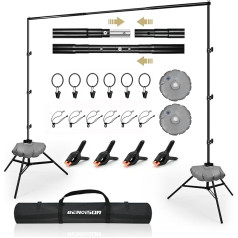 BENOISON foto fona statīvs - 2,6 x 3 m regulējams foto fona sistēmas foto studijas fons ar 10 fona klipšiem un 2 ūdens maisiņiem fotogrāfijai video portretiem