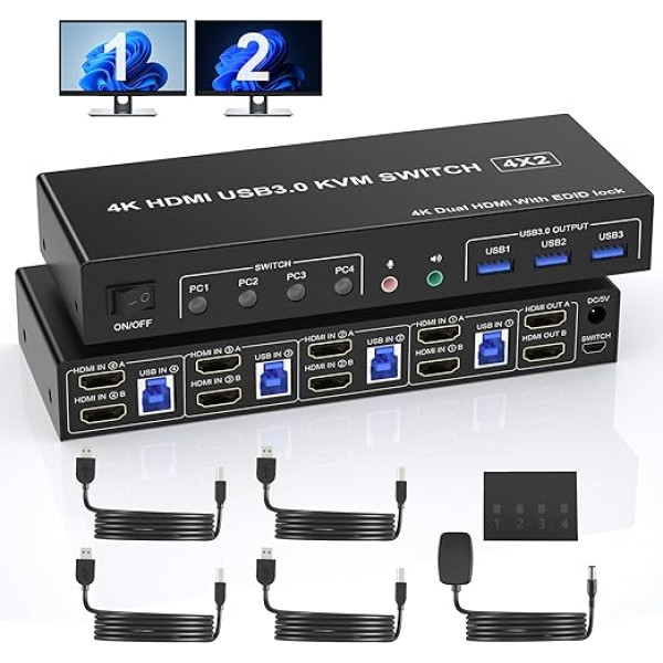 KVM slēdzis 4 portiem 2 monitoriem USB 3.0, atbalsta EDID, 4K 60Hz HDMI monitoru slēdzis 4 datoriem 2 monitoriem ar audio mikrofona izeju un 3 USB 3.0 pieslēgvietām, PC monitora tastatūras peles pārslēdzējs 4 datoriem