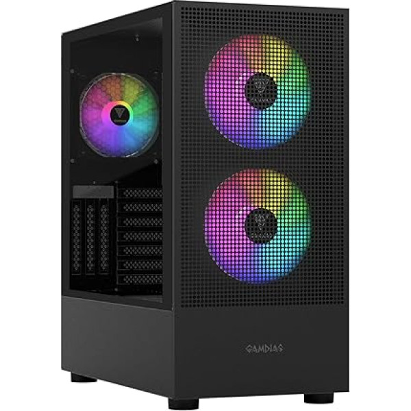 GAMDIAS TALOS datorspēļu korpuss, ATX Mid Tower datora korpuss, 2 x 140 mm un 1 x 120 mm ARGB PWM ventilators, gaisa plūsmas režģis priekšpusē, bez instrumentu rūdīta stikla sānu panelis, melns,