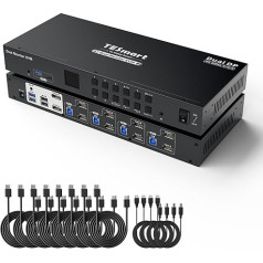 TESmart 8K USB 3.0 Displayport KVM-переключатель 4 ПК 2 монитора, 4K @ 144 Гц (DSC) KVM-переключатели с эмулятором EDID, аудио и микрофоном, входные кабели, 4-портовый 