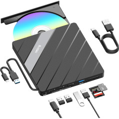 SUIDEK Ārējais CD DVD disks portatīvajam datoram Portatīvais CD/DVD+/-RW ierakstītājs DVD atskaņotājs 8 in 1 USB 3.0 USB C centrmezgls ar SD/Micro SD karšu lasītāju Saderīgs ar portatīvo datoru, galddatoru, PC, Windows, Linux