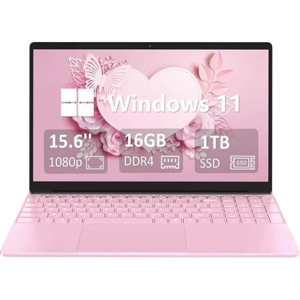 15,6 collu klēpjdators, 16 GB DDR4, 1 TB SSD, četrkodolu Celeron N5095 procesors (līdz 2,9 GHz), studentu/darba portatīvais dators ar 1080P FHD displeju, 44 WH akumulators, 2.4/5G WiFi, BT 4.2, aizmugurēji izgaismota tastatūra (rozā)