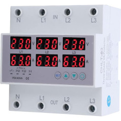 Fockety Digitālais 3 fāžu enerģijas mērītājs 1-63A AC 390-500V Din Rail Voltmetrs Ampērmetrs Enerģijas mērītājs LCD displejs Enerģijas patēriņa mērītājs enerģijas patēriņa uzraudzībai (63A)