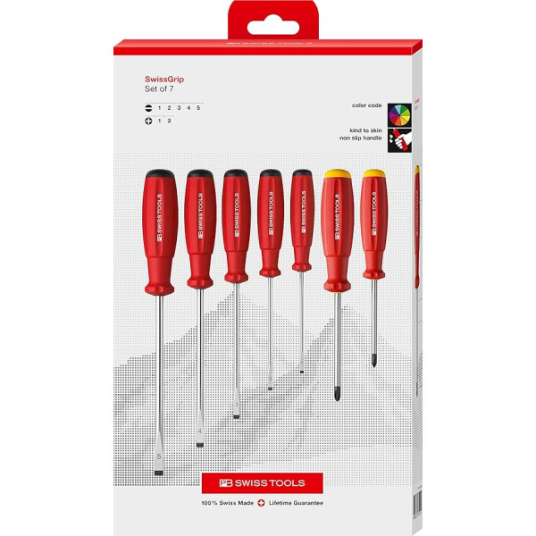 PB Swiss Tools Phillips skrūvgriežu komplekts ar rievām PB 8250-100% Šveices ražojums - 7 gabalu skrūvgriežu komplekts PH1 PH2, ar rievām 1/2/3/4/5 vispārējiem skrūvēšanas darbiem