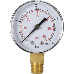 Manometrs 50 mm, 0-15 psi, 0-1 bar/0-60 psi, 0-4 bar, Wasserdruckskala, Hydraulikdruckmessgerät, 1/4 Zoll NPT-Gewinde, Manometer, Druck, 1 Stück(50-4bar)