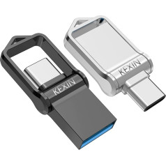 KEXIN 64GB USB C zibatmiņas karte (Dual USB Stick 3.0 2-in-1 OTG C tipa zibatmiņas disks Mini USB 3.0 zibatmiņas karte USB 3.0 zibatmiņas karte USB C mobilajam tālrunim ar Android, datoram, automašīnai, televizoram (2 gab., melns, sudraba krāsā)