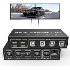 4 pieslēgvietu KVM slēdzis ar diviem monitoriem HDMI 4K 60Hz, KVM slēdzis 2 monitoriem 4 datoriem ar 4 USB 2.0 centrmezglu, divu monitoru HDMI KVM slēdzis, tastatūras un peles pārslēdzējs