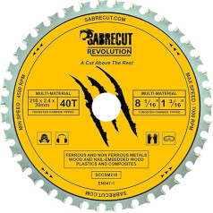 SabreCut SCCSM210_40 Ripzāģa asmens 210mm 40T x 30mm 25.4mm 20mm 16mm Caurums Dažādi materiāli Metāls Koks Koks Plastmasa Saderīgs ar Bosch, Dewalt, Makita, Milwaukee un daudziem citiem instrumentiem.