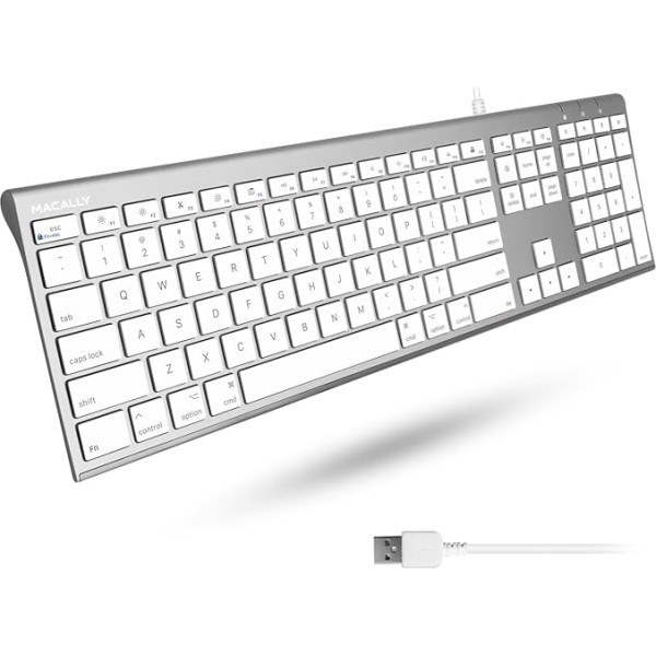 Macally Ultra plānā USB vadu tastatūra, kas saderīga ar Apple tastatūru vai Windows - pilna izmēra tastatūra ar 20 Mac tastatūras taustiņiem - zema profila tastatūra iMac galddatoram, MacBook Pro/Air