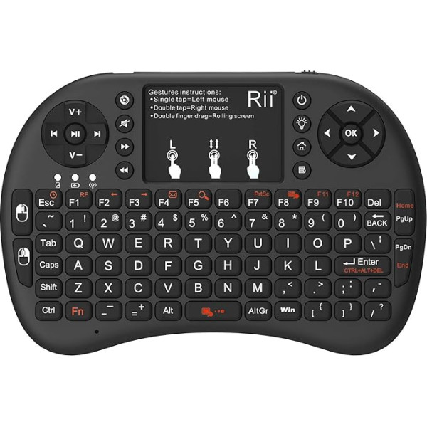 Rii Mini i8+ Wireless (QWERTY US izkārtojums) - Mini izgaismota tastatūra ar multi-touch peles paliktni viedajam televizoram, mini datoram, HTPC, datoram un spēļu konsolei