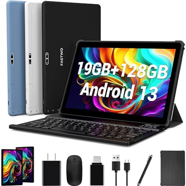 FASTWD planšetdators 10 collu Android 13.19GB RAM + 128GB ROM, planšetdators 5G WiFi, 8MP + 13MP, 1280 x 800 collu, 8000mAh, FaceID, planšetdators ar tastatūru, peli, maketu, pildspalvu, zils