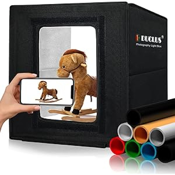 DUCLUS foto kastīte fotogrāfijai, 30 x 30 cm foto kastīte produktu fotogrāfijai, salokāms mini fotostudijas komplekts ar 112 LED gaismas diodēm, 8 spīdīgi foni gaismas teltij juvelierizstrādājumiem, maziem priekšmetiem