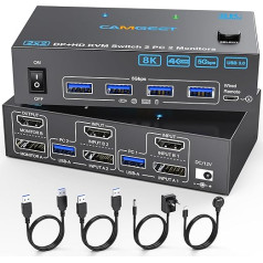 HDMI Displayport KVM slēdzis 2 PC 2 monitoriem 4K @ 144Hz, camgeet KVM slēdzis diviem monitoriem 2 datoru koplietošanai 2 monitoriem un 4 USB 3.0 ierīcēm. Ar USB kabeļiem, 12V2A adapteri un galddatora kontrolieri.