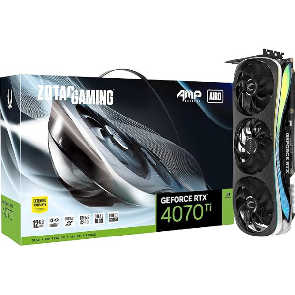 Zotac Gaming GeForce RTX 4070 Ti AMP Extreme AIRO DLSS 3 12GB GDDR6X 192-bit 21Gbps PCIE 4.0 spēļu grafiskā karte, IceStorm 2.0 uzlabota dzesēšana, Spectra 2.0 RGB apgaismojums, ZT-D40710B. - 10P