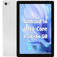 Android 14 planšetdators 10 collas, 8 GB RAM, 64 GB ROM, 1 TB paplašināms, Octa-Core procesors, IPS HD 1280 x 800, WiFi 6, Dual Camera, BT5.3, 5000 mAh, Widevine L1 (balts)