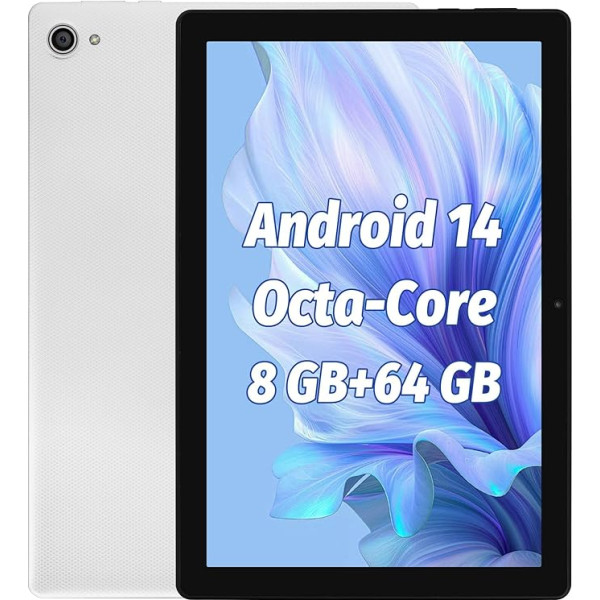 Android 14 planšetdators 10 collas, 8 GB RAM, 64 GB ROM, 1 TB paplašināms, Octa-Core procesors, IPS HD 1280 x 800, WiFi 6, Dual Camera, BT5.3, 5000 mAh, Widevine L1 (balts)