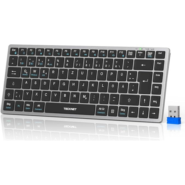 TECKNET bezvadu tastatūra, uzlādējama 2,4 GHz USB Bluetooth tastatūra 4 dažādām ierīcēm, tieva pilna izmēra vācu izkārtojuma tastatūra personālajiem datoriem, klēpjdatoriem, planšetdatoriem, viedtālruņiem un tālruņiem