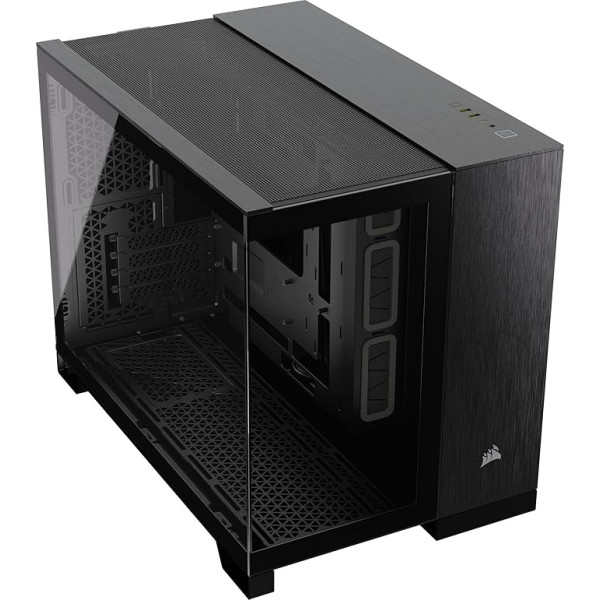 CORSAIR 2500X Small-Tower mATX divu kameru PC korpuss - rūdīts panorāmas stikls - saderīgs ar reversā savienojuma pamatplatēm - bez ventilatoriem - melns/absidianas krāsas alumīnijs