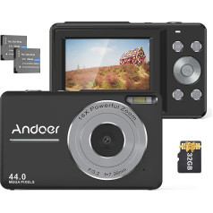 Andoer digitālā fotokamera ar 32GB atmiņas karti, 1080P 44MP kompaktā kamera, 2,5 collu videokamera ar 16X digitālo tālummaiņu, 2 uzlādējamas baterijas studentiem, pusaudžiem, meitenēm, zēniem, melna