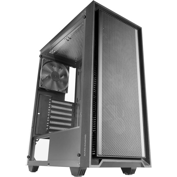 MARSGAMING MC-PMAX profesionāls ATX korpuss, 4 x 120 mm FDB ventilatori, sieta priekšējais panelis, sānu logs, rūdīts stikls, puspiekabes datora korpuss ar divu kameru dizainu, ūdens dzesēšanas atbalsts, melns