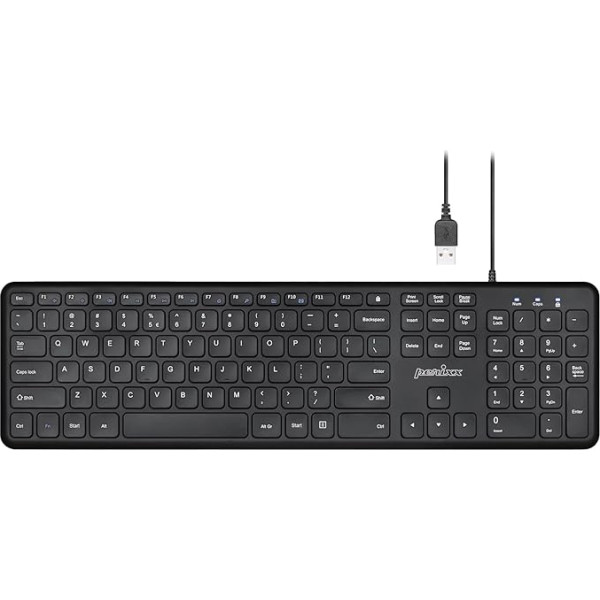 Perixx PERIBOARD-210 ASV vadu pilna izmēra USB tastatūra ar klusiem šķērveida taustiņiem galddatoram, klēpjdatoram un planšetdatoram - melna - ASV angļu QWERTY