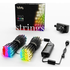 Twinkly Strings 250 LED RGB+ Weiß, LED-Lichterkette, Smarte LEDs für den Innen- und Außenbereich, Kompatibel mit Home Kit, Alexa und Google Home, Gaming, IP44, App-Steuerung, Schwarzes Kabel, 20m