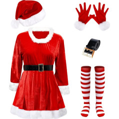 lasuroa 5 gabali Santa Claus kostīms Sievietes Sexy Sievietes Santa kostīms kleita Melna josta cepure Svītrains Zeķubikses Plush cimdi Santa apģērbs sievietēm Cosplay