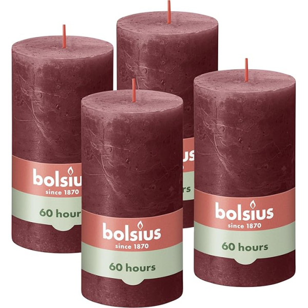 Bolsius Rustic Pillar Candles, bordo krāsā, 4 sveces, degšanas laiks 60 stundas, bez aromāta, dabīgs augu vasks, bez palmu eļļas, 13 x 7 cm, Advente