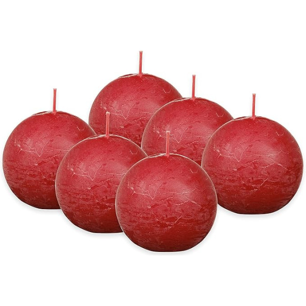 Bolsius Rustic Ball Candle - Sarkana - Iepakojumā 6 gabali - Diametrs 7,6 cm - Dekoratīvā svece - Degšanas laiks 25 stundas - Bez aromāta - Satur dabīgo augu vasku - Bez palmu eļļas