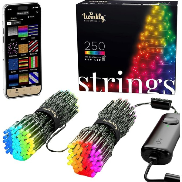 Twinkly Strings 250 LED RGB, LED-Lichterkette für Draußen und Drinnen, Smarte LED-Lichter, Kompatibel mit HomeKit, Alexa und Google Home, Gaming-Lichter, IP44, App-Steuerung, Schwarzes Kabel, 20m