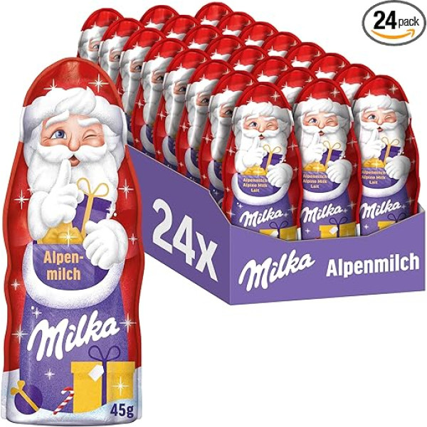 Milka Santa Alpine Milk 24 x 45 g I Šokolādes Ziemassvētku vecīša lielā iepakojumā I Ziemassvētku šokolāde, kas izgatavota no 100% Alpu piena