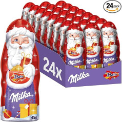 Milka Santa Claus Daim 24 x 45 g I Šokolādes Santa Claus Lielais iepakojums I Ziemassvētku šokolāde Izgatavota no 100% Alpu piena ar mandeļu karameli.