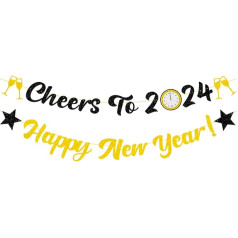 Elicola Happy New Year with Cheers to 2023 Banner Bunting New Year's Eve Black Gold Glitter Background for Party Decorations