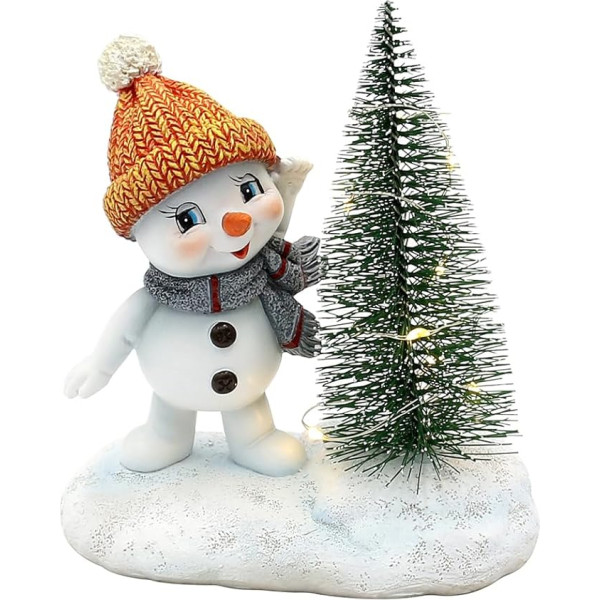 Dekohelden24 Snowchild Sniegavīrs ar cepuri un šalli oranžā un pelēkā krāsā ar izgaismotu LED eglīti D/Š/R 12 x 7,5 x 14 cm