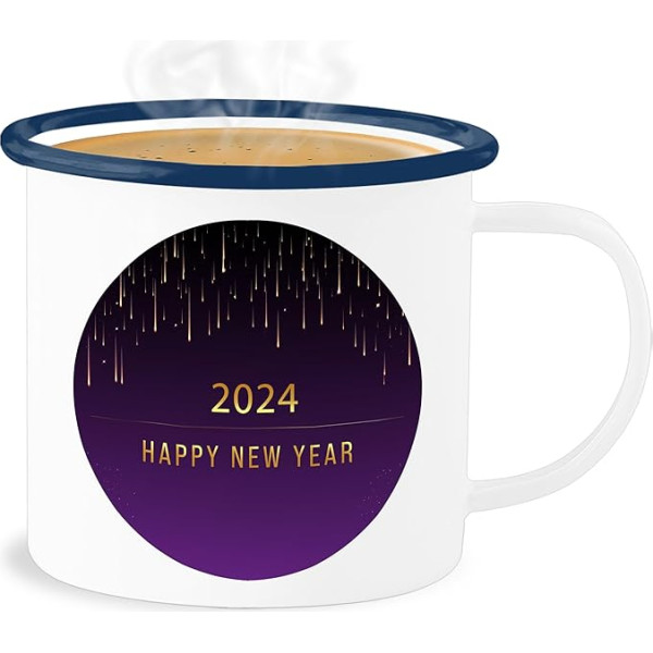 Shirtracer Emaille Becher Blechbecher - Statement Sprüche - Goldregen 2024 Happy new year - lila - 300 ml - Weiß Blau - mit spruch 2023 silvester, sprueche sarkasmus sprüche, spruechen sprüchen