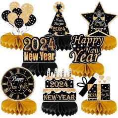 2024 Happy New Year Eve Honeycomb Centrepieces Party Decorations, 8 gabali Black Gold New Year Theme Table Topper Jaungada vakars Centerpieces Dekorācijas Jaungada vakars 2024 Party Decoration