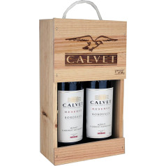 Calvet - Wein Geschenk 2 Flaschen Rotwein Réserve, Bordeaux in Holzkiste (2 x 0,75 L)