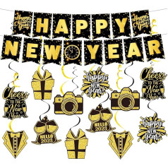 wukou Pack of 30 Happy New Year Hanging Swirls Decorations Glitter Black Gold 2022 Happy New Year Foil Swirl Ceiling Decorations for 2022 Jaungada vakars Party Supplies Happy New Year Party Decorations