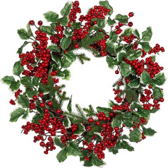 Hollyone 45 cm Ziemassvētku vainags Durvju vainags Ziemassvētku rotājums, mākslīgais vainags ar sarkanām ogām un Holly lapām, ziemas vainags ārtelpām, logiem, mājām, svētku rotājumiem