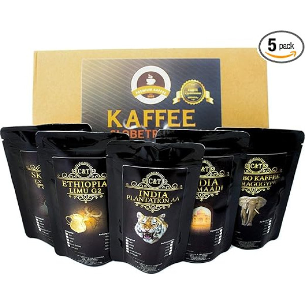 Coffee Globetrotter - Real Rarities - Box (Whole Bean) - 5 x 100 g Rarities Top Coffee - Kļūsti par pētnieku - Dāvanu komplekts - Kafija no visas pasaules valstīm - Kafijas pupiņas dāvanu kastē