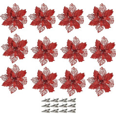 12 Ziemassvētku gliteru poinsētijas ziedu komplekts 16 cm ornaments Ziemassvētku eglītes vainaga rotājums Mākslīgie vainagu ziedi Ziemassvētku eglītei Ziemassvētku vainagu rotājumi, sarkans, sarkans