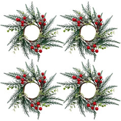 HIULLEN Weihnachtskerzenringe, 25,4 cm, künstlicher roter Beerenkranz, schneebedeckte Tannennadeln, Kerzenring, Mini-Weihnachtskerzenz für Zuhause, Party, Halloween, Weihnachten, Hochzeit, Tischdeko, 4