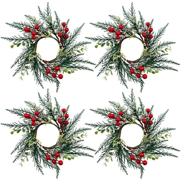 HIULLEN Weihnachtskerzenringe, 25,4 cm, künstlicher roter Beerenkranz, schneebedeckte Tannennadeln, Kerzenring, Mini-Weihnachtskerzenz für Zuhause, Party, Halloween, Weihnachten, Hochzeit, Tischdeko, 4