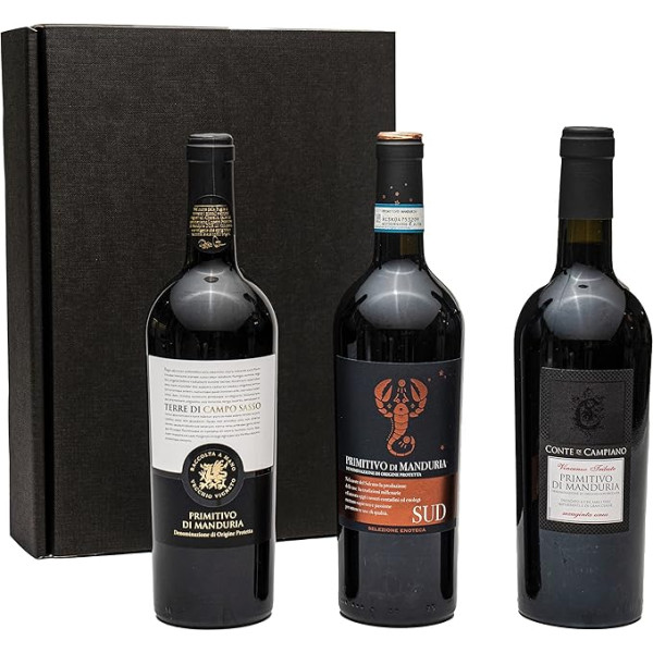 Geschenkset Primitivo di Manduria | 3 hochwertige italienische Rotweine aus Apulien | trocken | 3 x 0,75 L | Geschenkset für Weingenießer