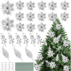 JULBEAR 25 Stück Weihnachtsbaum-Blumen-Dekorationen, glitzernder Weihnachtsstern, künstliche Blumen und Beerenblätter für Weihnachtskranz, Weihnachtsbaum, Hochzeit, Party-Dekorationen (Silber)