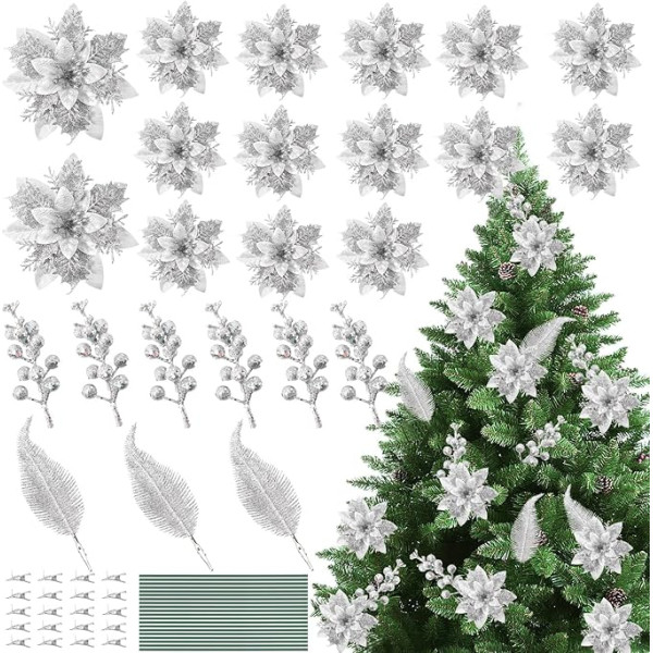 JULBEAR 25 Stück Weihnachtsbaum-Blumen-Dekorationen, glitzernder Weihnachtsstern, künstliche Blumen und Beerenblätter für Weihnachtskranz, Weihnachtsbaum, Hochzeit, Party-Dekorationen (Silber)