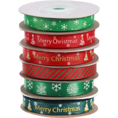 uxcell 6 Rollen Weihnachtsbänder, Ripsband, 9,1 m, Weihnachtsbaum, Schneeflocke, Köpermuster für Weihnachtskranz, Schleife, Geschenkverpackung, Blumenstrauß, Geschenkband